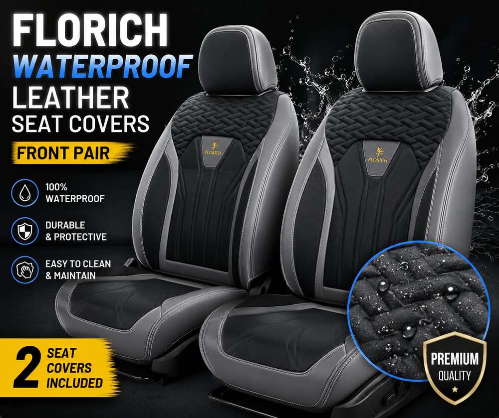 FLORICH Waterproof Leather Front Car Seat Covers Pair Black Gray New Open Box